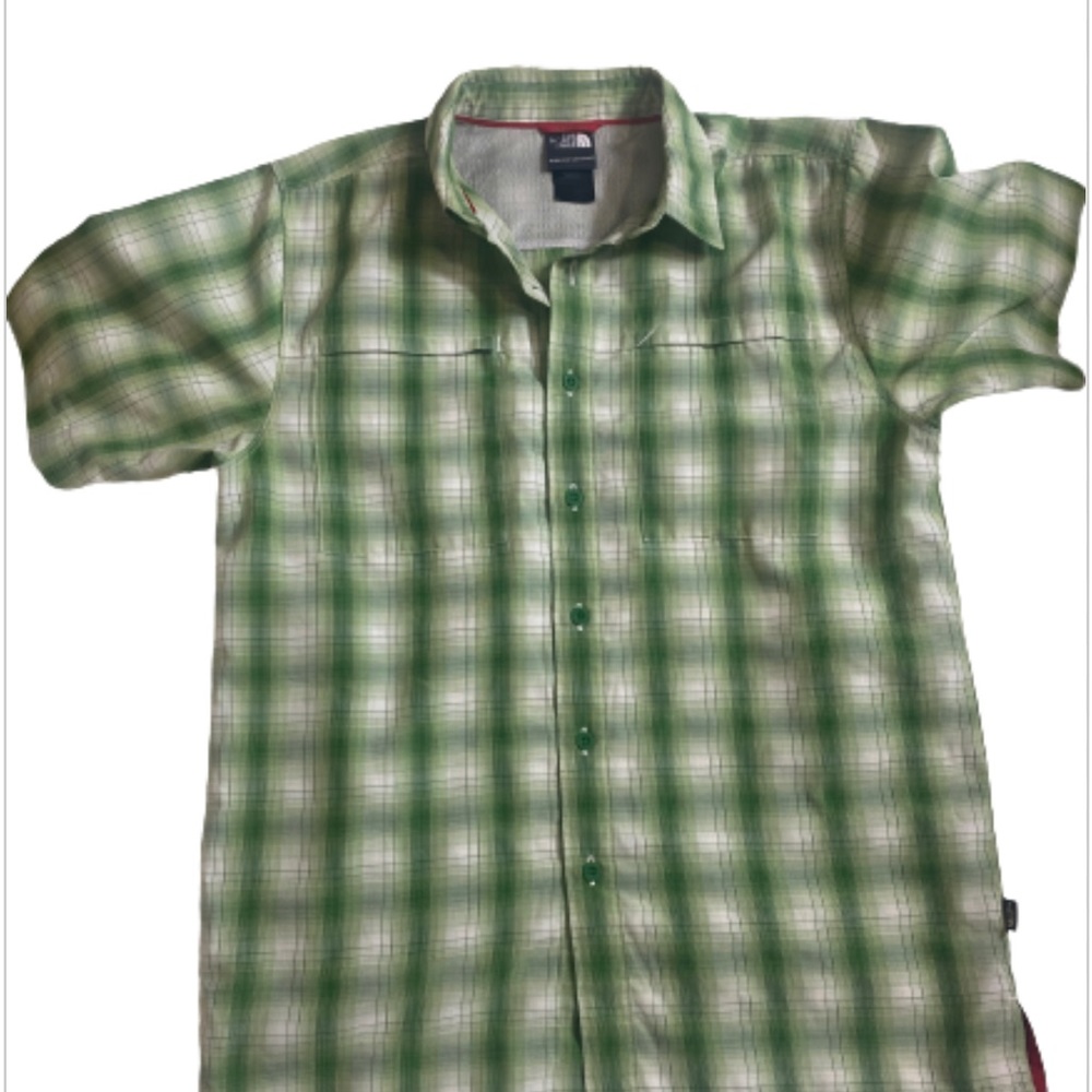 North Face Vented Button Shirt Mens small Front Zip Pocket Short Sleeve Plaid
